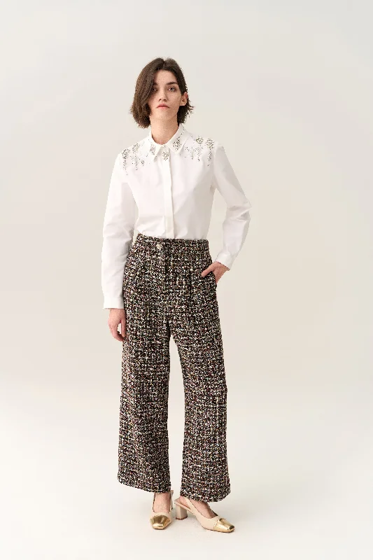 Pleat-detail Wide-leg Tweed Trousers